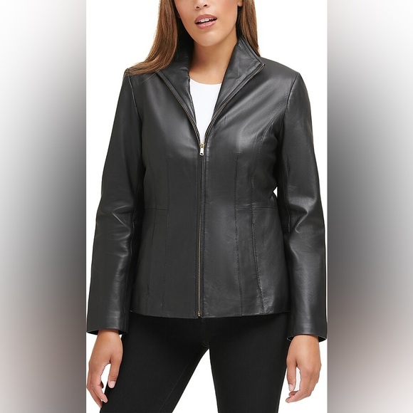 Cole Haan Women’s Wing Collar Genuine Lambskin Leather Jacket, PXS-Black - Picture 1 of 8